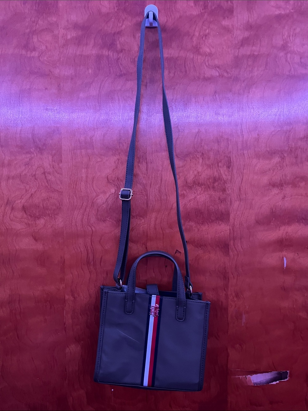 Tommy Hilfiger Black Crossbody Bag with Red-White-Blue Stripe